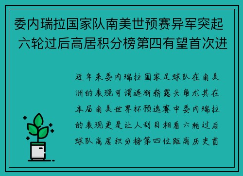 委内瑞拉国家队南美世预赛异军突起 六轮过后高居积分榜第四有望首次进军世界杯